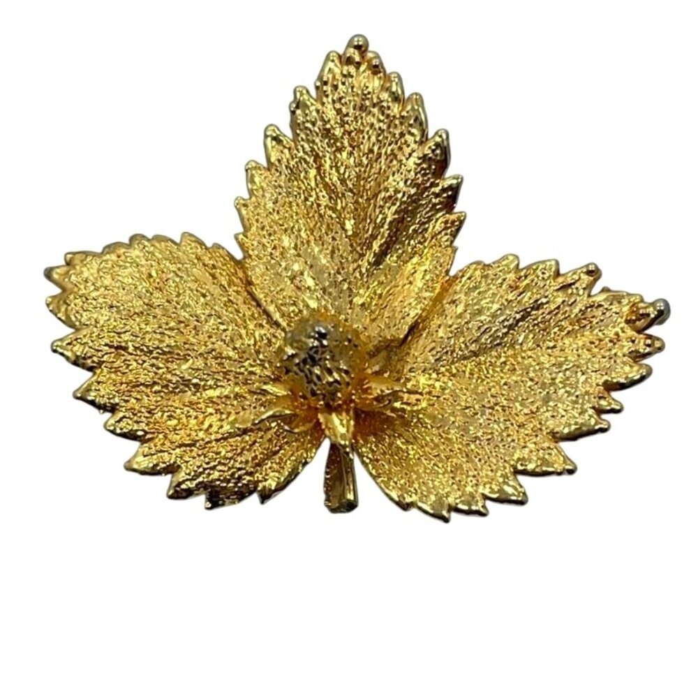 Vintage Gold Electropated Leaf Brooch Breveté Mark E in D Maker Botanical Style